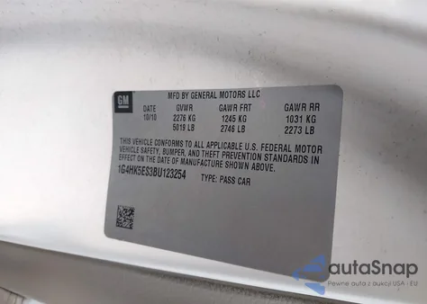 2011 Buick Lucerne Super z USA, uszkodzony, nr VIN 1G4HK5ES3BU123254